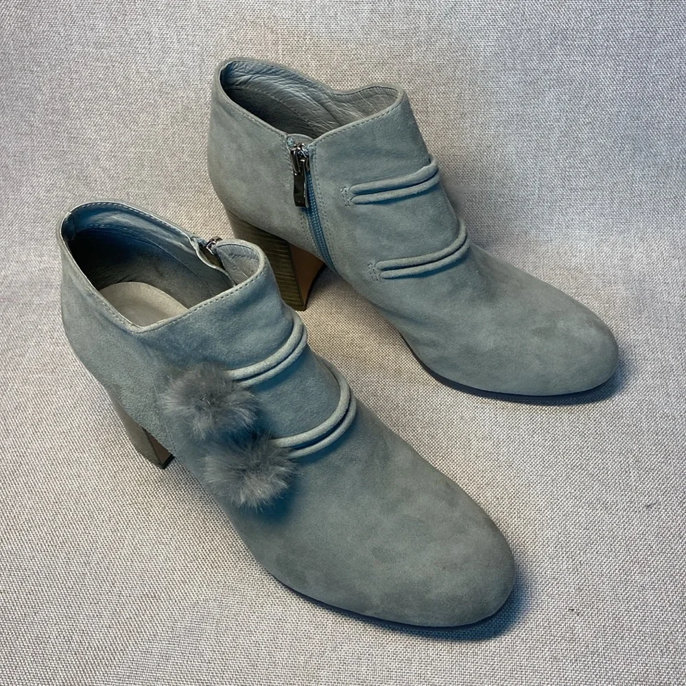 Gray Suede Pom-Pom Block Heel Booties - Women